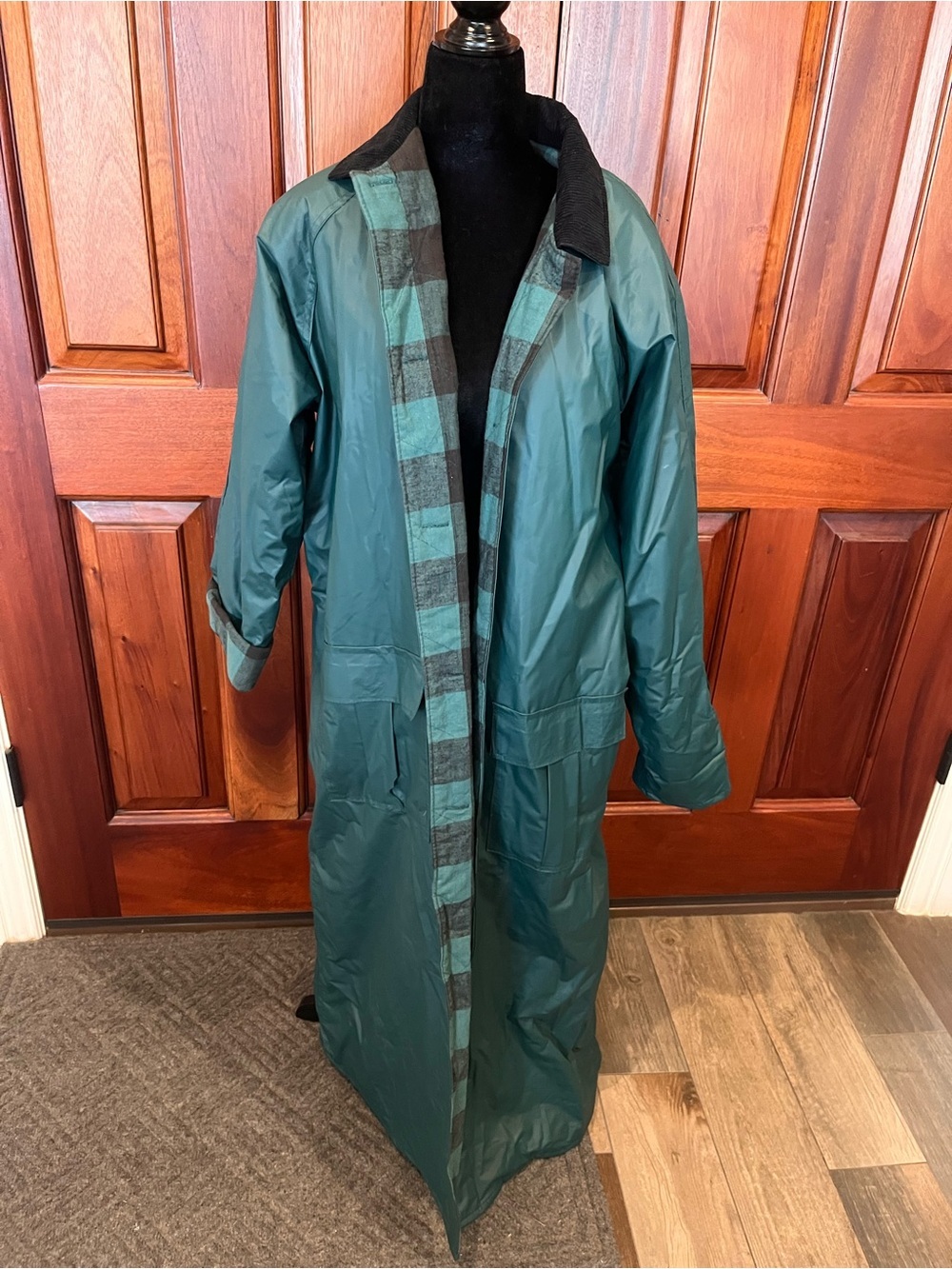 Talbots Long Trench Waterproof Raincoat Duster Women Medium Hunter Green Flannel